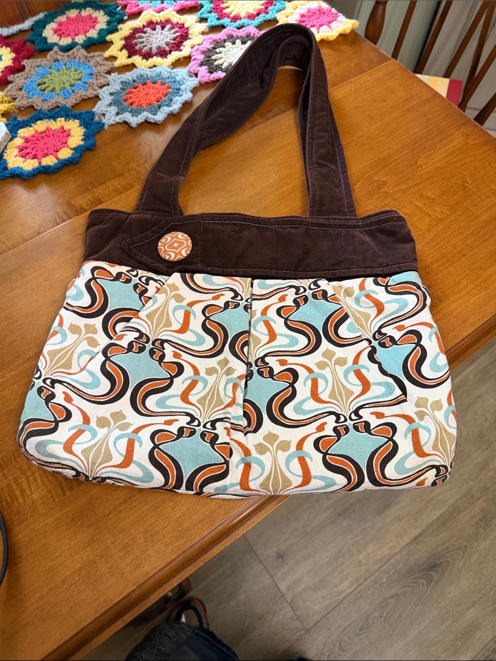 Brown Shoulder Tote with Retro Multi-Color Swirl Print